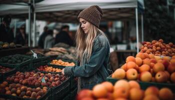 einer lächelnd Frau wählt frisch organisch Obst beim das Supermarkt generiert durch ai foto