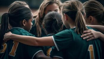 ein multi ethnisch Gruppe von Schule Kinder lächelnd während spielen Sport generiert durch ai foto