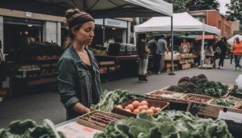 jung Frauen wählen frisch organisch Gemüse von lächelnd Markt Verkäufer generiert durch ai foto