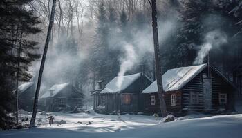 still Winter Wald, ein gespenstisch alt Hütte, Abenteuer wartet Innerhalb generiert durch ai foto