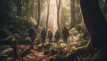 ein Gruppe von Menschen Wandern auf ein nebelig Berg Weg generiert durch ai foto