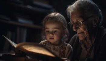 ein multi Generation Familie Verbindung Über Bücher, Lernen und Weisheit generiert durch ai foto