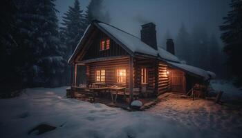 beleuchtet Log Kabine im schneebedeckt Wald schafft gespenstisch Winter Landschaft generiert durch ai foto