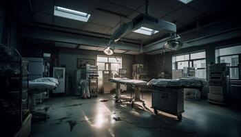 Experte der Chirurg im dunkel Krankenhaus Labor Verwendet Computer zum Chirurgie generiert durch ai foto