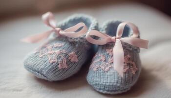 Neugeborene zuerst Schuhe, handgemacht mit Liebe, ein Familie Feier generiert durch ai foto