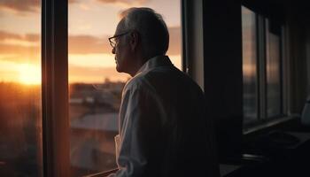 Senior Geschäftsmann suchen durch Fenster beim Sonnenuntergang, Gefühl Einsamkeit generiert durch ai foto