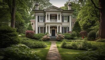 das elegant Hütte mit ein formal Garten strahlt aus Luxus und Christentum generiert durch ai foto