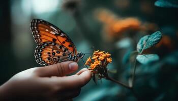 das fragil Schmetterling beschwingt Flügel berührt das Mensch Hand sanft generiert durch ai foto