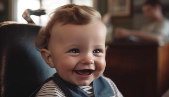 süß Baby Junge lächelnd, genießen spielerisch Kindheit mit Glück generiert durch ai foto