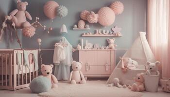 süß Teddy Bär Spielzeug fügt hinzu Charme zu modern Schlafzimmer Dekor generiert durch ai foto