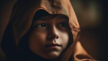 Porträt von ein süß kaukasisch Junge suchen beim das Kamera generiert durch ai foto