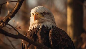 das majestätisch kahl Adler sich niederlassen auf ein Baum Zweig, symbolisieren Freiheit generiert durch ai foto