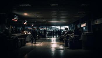 ein überfüllt U-Bahn Bahnhof beim Nacht, Pendler eilen Zuhause generiert durch ai foto