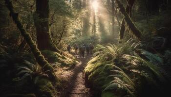 Männer und Frauen Wandern durch still Wald, genießen Natur Schönheit generiert durch ai foto