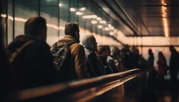 ein überfüllt U-Bahn Bahnhof beim Nacht, Pendler eilen Zuhause generiert durch ai foto