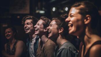 ein Gruppe von sorglos jung Erwachsene genießen Nachtleben und Zusammengehörigkeit generiert durch ai foto