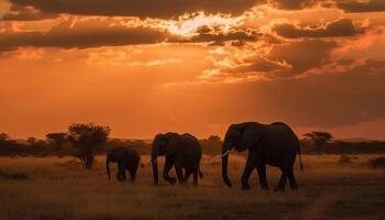 afrikanisch Elefant Herde weidet beim Dämmerung im still Wildnis Panorama generiert durch ai foto