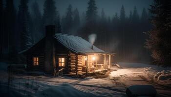 gespenstisch Log Kabine im Winter Wald beleuchtet durch milchig Weg generiert durch ai foto