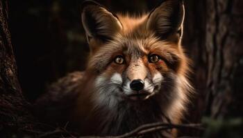 rot Fuchs Sitzung im Winter Wald, warnen und suchen voraus generiert durch ai foto