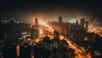 Nachtzeit Stadtbild leuchtet mit modern Wolkenkratzer und geschäftig der Verkehr generiert durch ai foto