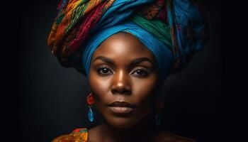 schön jung afrikanisch Frau strahlt aus Vertrauen im traditionell Kopftuch Porträt generiert durch ai foto
