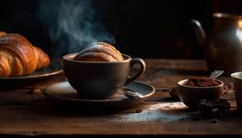 ein Gourmet Croissant und Kaffee auf ein rustikal hölzern Tabelle generiert durch ai foto