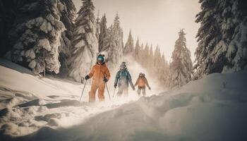 zwei Männer Skifahren Nieder Berg Neigung, genießen Winter Abenteuer Sport generiert durch ai foto