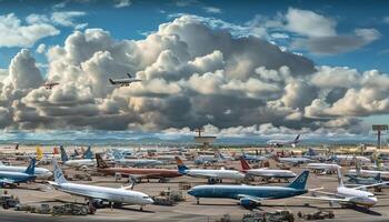 fliegend hoch im das Blau Himmel, ein kommerziell Flugzeug steigt an generiert durch ai foto