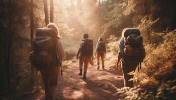 ein Gruppe von Rucksacktouristen Wandern durch das Herbst Wald zusammen generiert durch ai foto