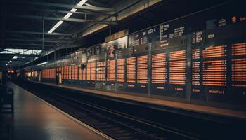 Innerhalb das U-Bahn Zug, Verlassen das beleuchtet Stadt Leben hinter generiert durch ai foto