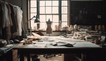modern Werkstatt mit elegant Leder Stühle zum Mode Industrie Profis generiert durch ai foto