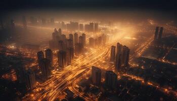 modern Stadt Horizont leuchtet mit Nachtleben im lange Exposition Schuss generiert durch ai foto