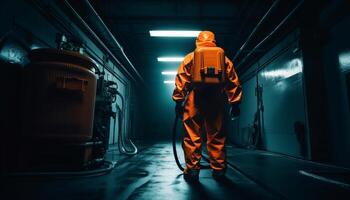 einer Mann im schützend Arbeitskleidung Stehen im dunkel Fabrik generiert durch ai foto