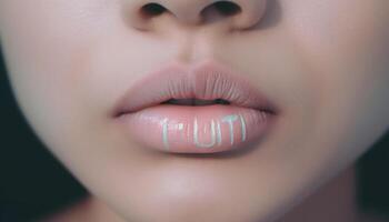 ein schön jung Frau Lippen scheinen mit Rosa Lippenstift Glanz generiert durch ai foto
