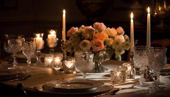 elegant Hochzeit Feier mit aufwendig Tabelle Dekor und Kerzenlicht Ambiente generiert durch ai foto