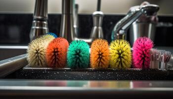sauber rostfrei Stahl sinken und Wasserhahn, perfekt zum Küche Hygiene generiert durch ai foto