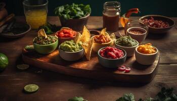 frisch Guacamole tauchen mit würzig Chili Pfeffer und knackig Tortilla Chips generiert durch ai foto