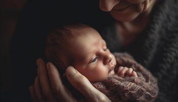 ein liebend Familie Umarmen ihr Neugeborene Baby Junge beim Zuhause generiert durch ai foto