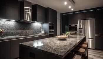 modern Luxus Küche Design mit rostfrei Stahl Haushaltsgeräte und Granit Arbeitsplatten generiert durch ai foto