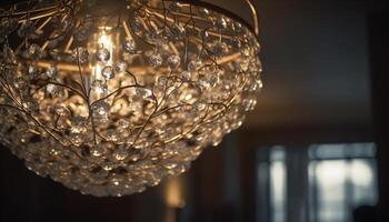 aufwendig Kristall Leuchter leuchtet modern inländisch Zimmer mit Eleganz und Glanz generiert durch ai foto