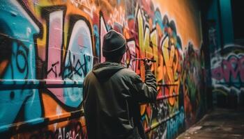 ein jung Erwachsene vandalisiert ein Mauer mit Graffiti beim Nacht generiert durch ai foto