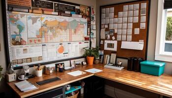 modern Büro Design mit Holz Schreibtisch und Computer Ausrüstung drinnen generiert durch ai foto