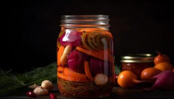 frisch organisch Tomate und Knoblauch mariniert im Essig, ein Gourmet Snack generiert durch ai foto