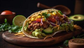 gegrillt Rindfleisch Taco mit Guacamole, Tomate, und Koriander auf Fladenbrot generiert durch ai foto