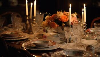 elegant Hochzeit Bankett mit aufwendig Besteck, Kerzenlicht, und luxuriös Dekor generiert durch ai foto