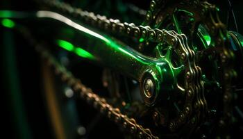 glänzend Chrom Fahrrad Kette spiegelt abstrakt Bewegung im draussen Performance generiert durch ai foto