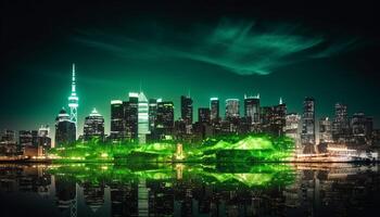 das futuristisch Stadtbild leuchtet mit multi farbig Beleuchtung beim Dämmerung generiert durch ai foto