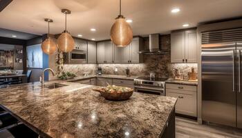 Luxus Küche mit modern Design, rostfrei Stahl Haushaltsgeräte, und Marmor Bodenbelag generiert durch ai foto
