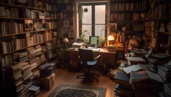 modern Bibliothek Sammlung auf Antiquität Bücherregal leuchtet Zuhause Innere Design generiert durch ai foto