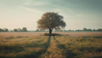 still Sonnenuntergang Über ländlich Wiese, silhouettiert Baum von hinten beleuchtet durch Sonnenlicht generiert durch ai foto